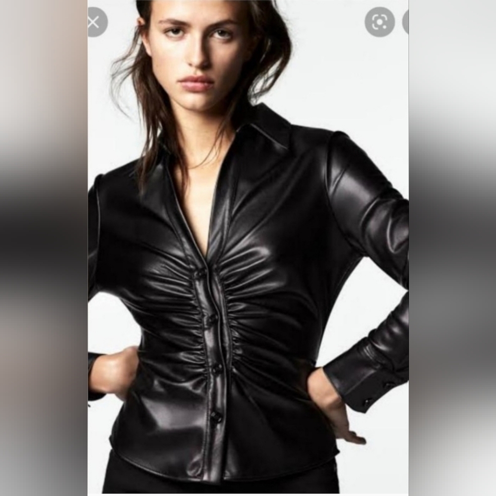 Zara BLACK SOFT FAUX LEATHER button long sleeve shirt XL NWT